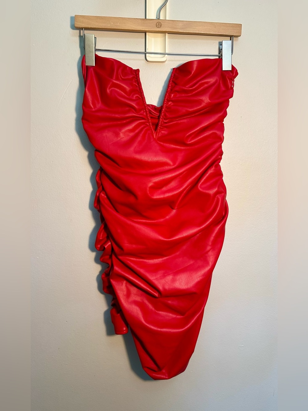 Sky to Moon Red Deep V Neckline Dress Strapless, Ruched Faux Leather Size Large